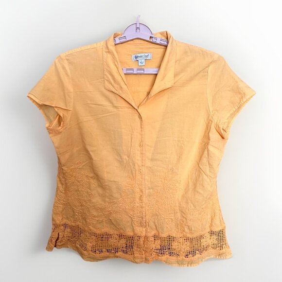 Coldwater Creek Yellow Button Down Top With Lace Embroidery Size Large L SS - Picture 1 of 3
